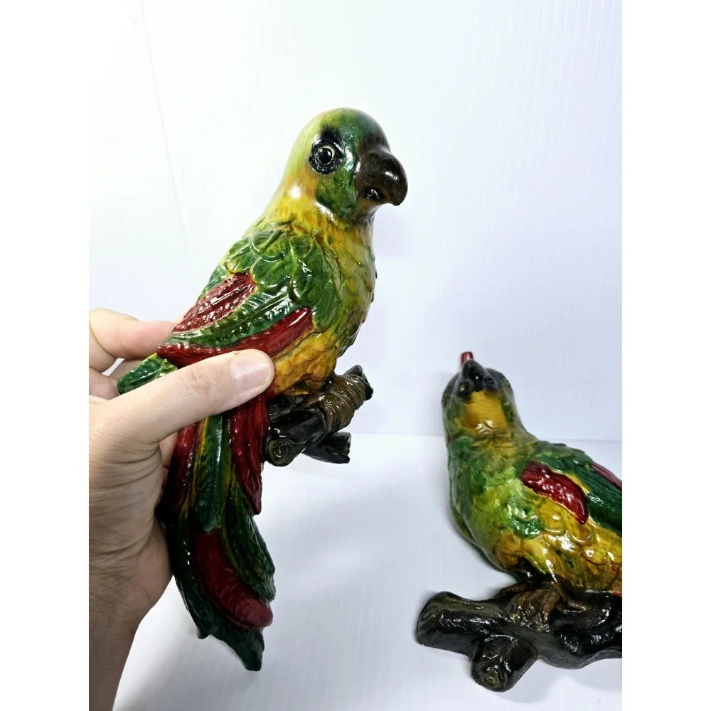 Mid-Century Chalkware Parrot Bird Wall Hanging Sculptures Set Of 2 Tropical Life